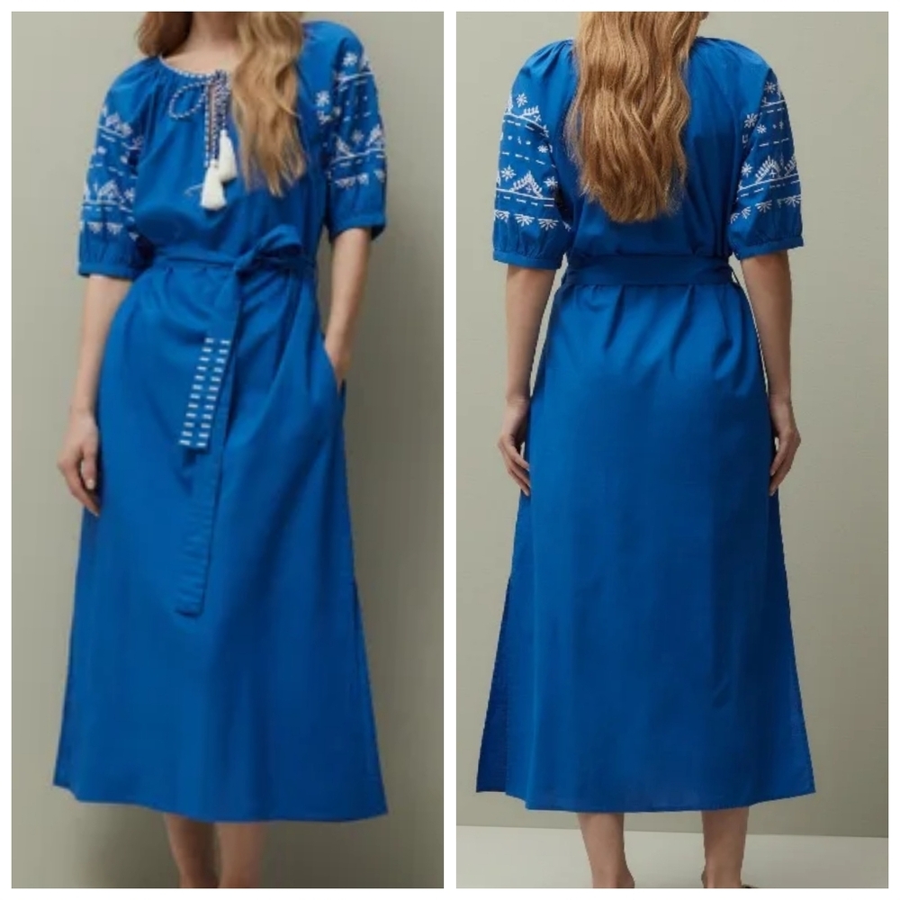 Piombo Cotton Embroidered Midi Dress, Puff Sleeves, Tie Belt, Pockets, EUC!